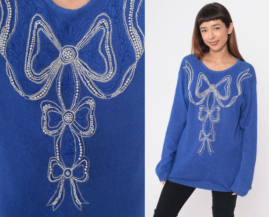 80s Ib Diffusion Periwinkle Blue Sweater Beaded Bow Knit Small
