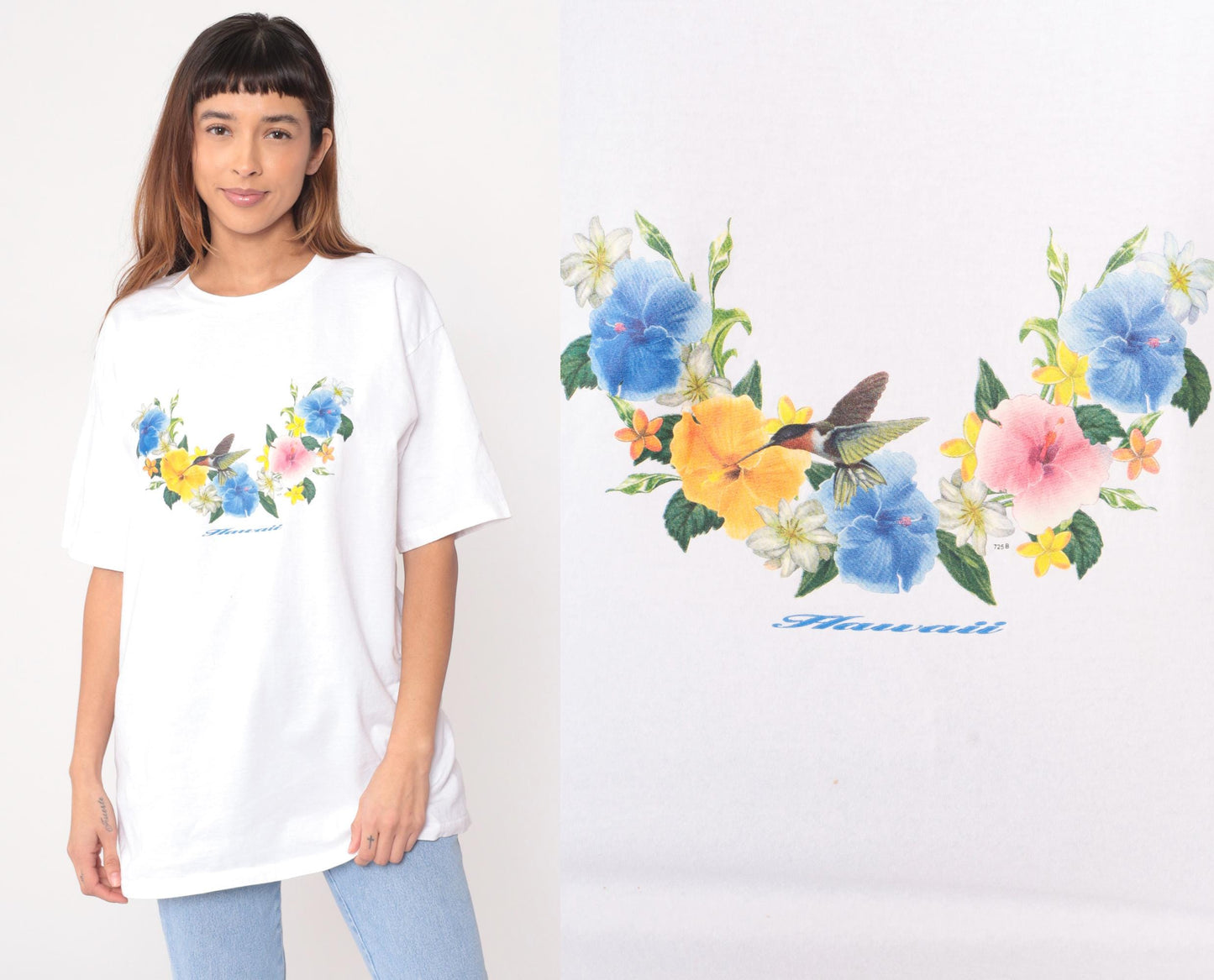 Y2K Wrangler Hawaiian Floral Graphic Tee White Cotton Hummingbird Large L