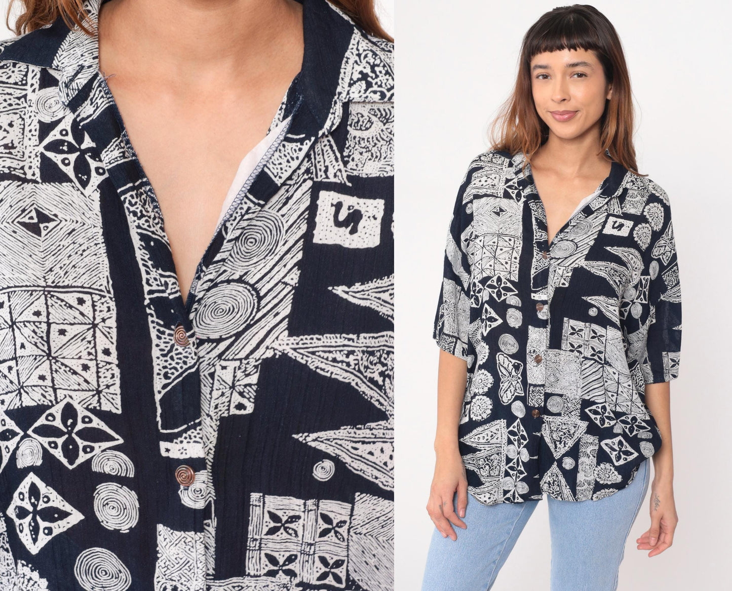 90s Michele Leslie Geometric Abstract Button Shirt Black White Rayon Large L