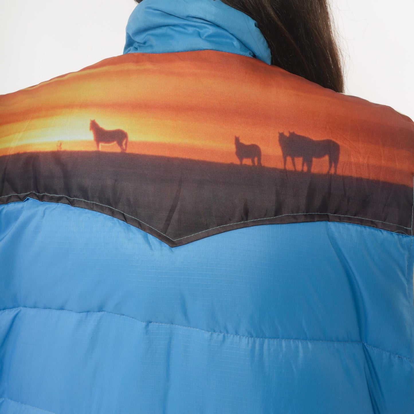 70s Western Sunset Puffer Vest Blue Down Quilted Snap Front Extra Large XL