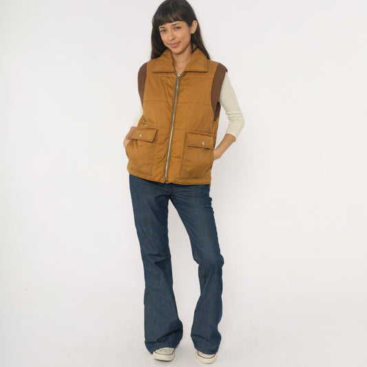 80s Mustard Brown Quilted Puffer Vest Nylon Zip Front Medium