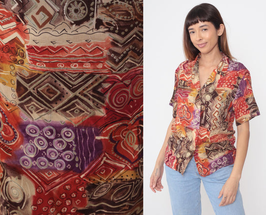 90s Sag Harbor Abstract Geometric Print Shirt Multicolor Collared Medium M