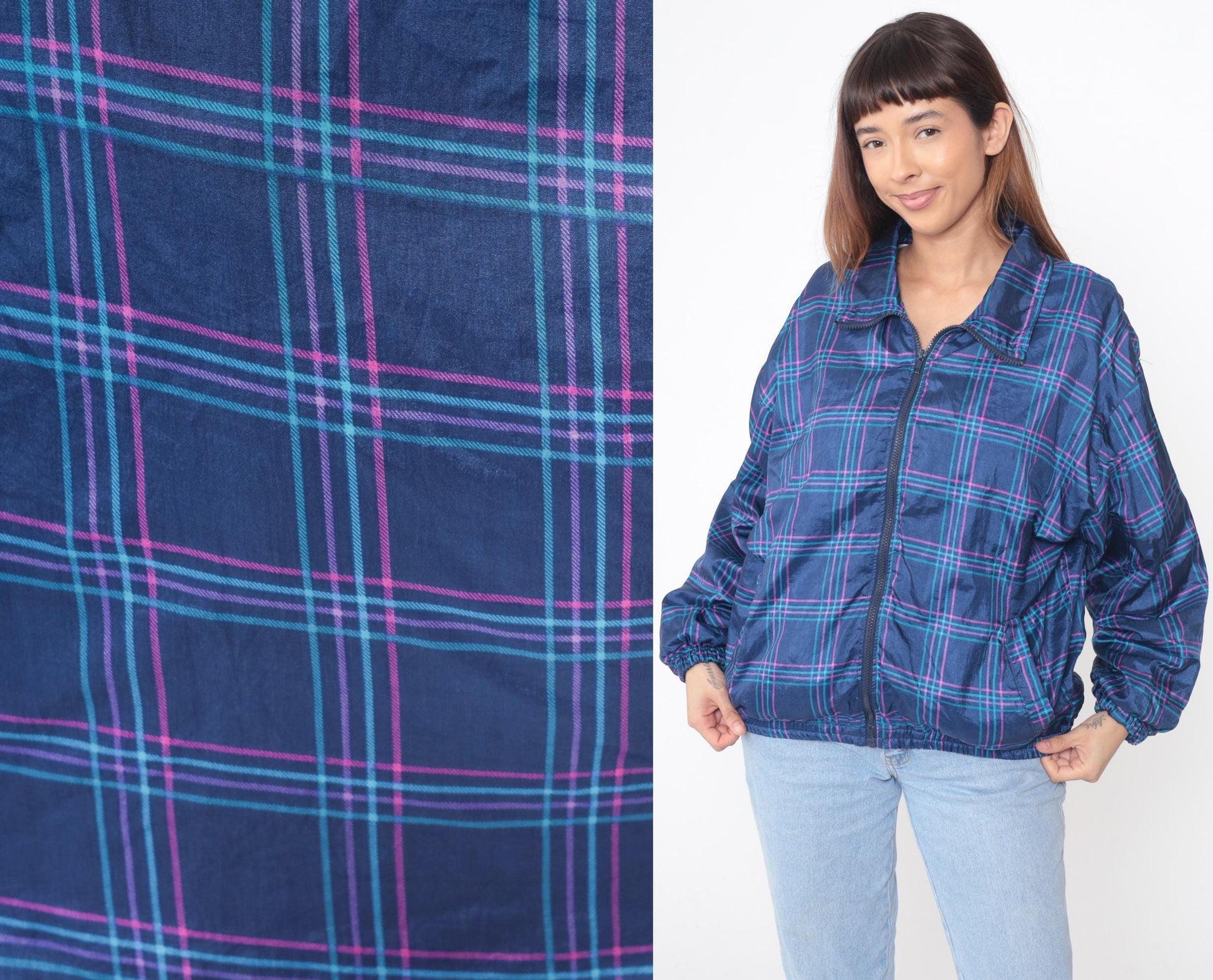 90s Pro Spirit Plaid Windbreaker Navy Blue Pink Turquoise Medium
