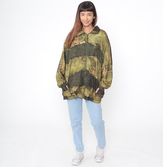 90s Leopard Print Windbreaker Jacket Jungle Safari Green Brown Tan Extra Large XL