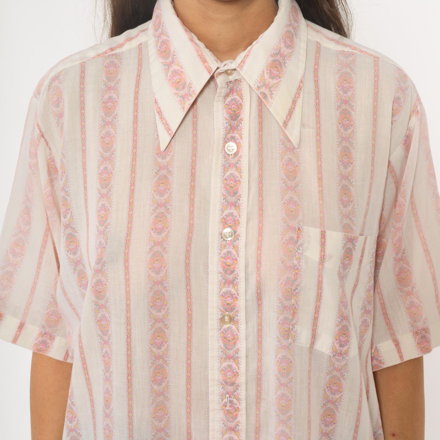 70s Campus Pink Striped Paisley Button-Down Blouse Pointed Collar Large L