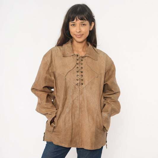 70s Yukon Jack Leather Jacket Tan Lace-Up Western Collar Extra Large XL