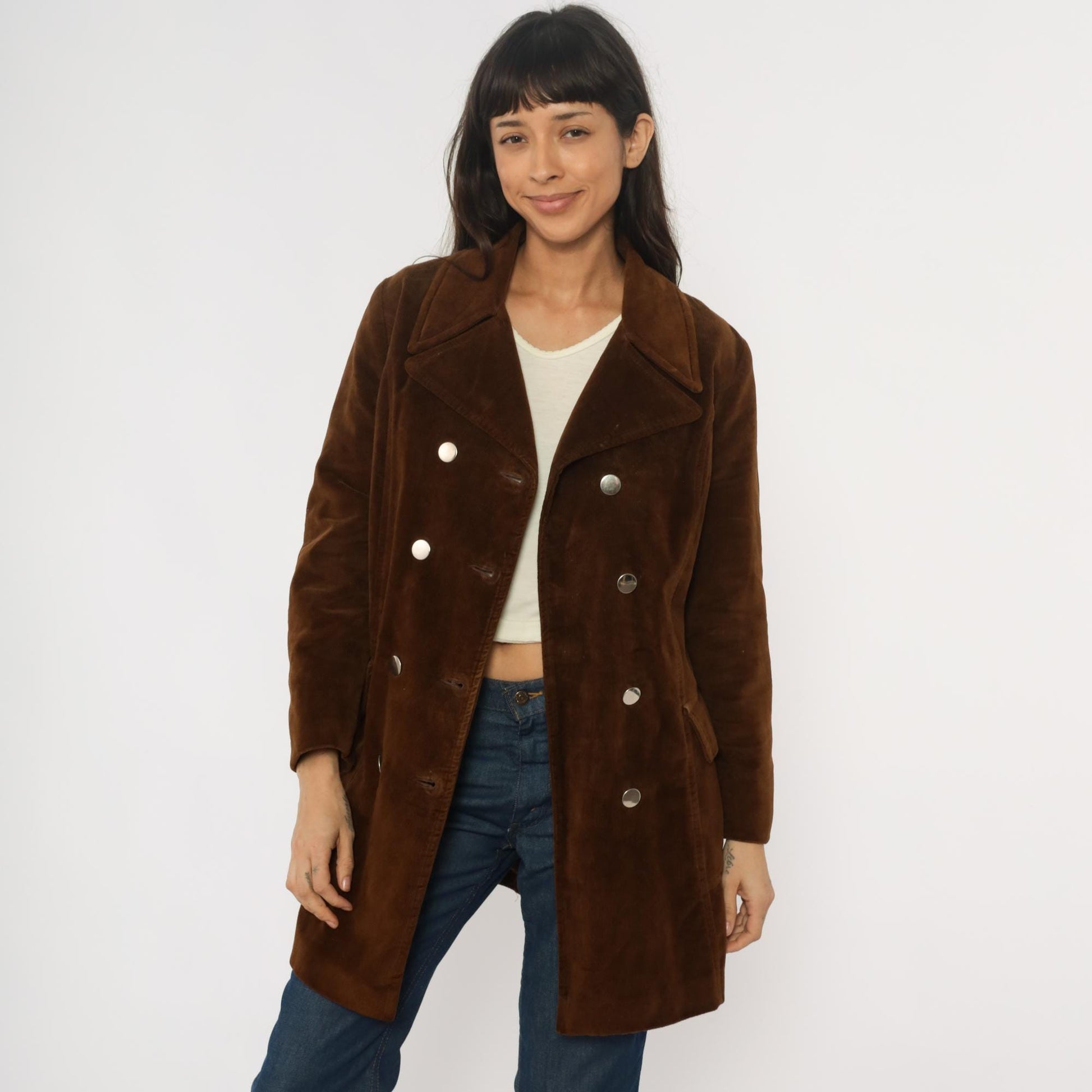 70s Chocolate Brown Corduroy Coat Double Breasted Knee Length Fleece Lined Medium