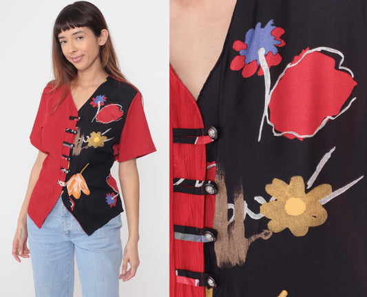 90s Cascais Floral Color Block Blouse Red Black Abstract Flowers V Neck Medium