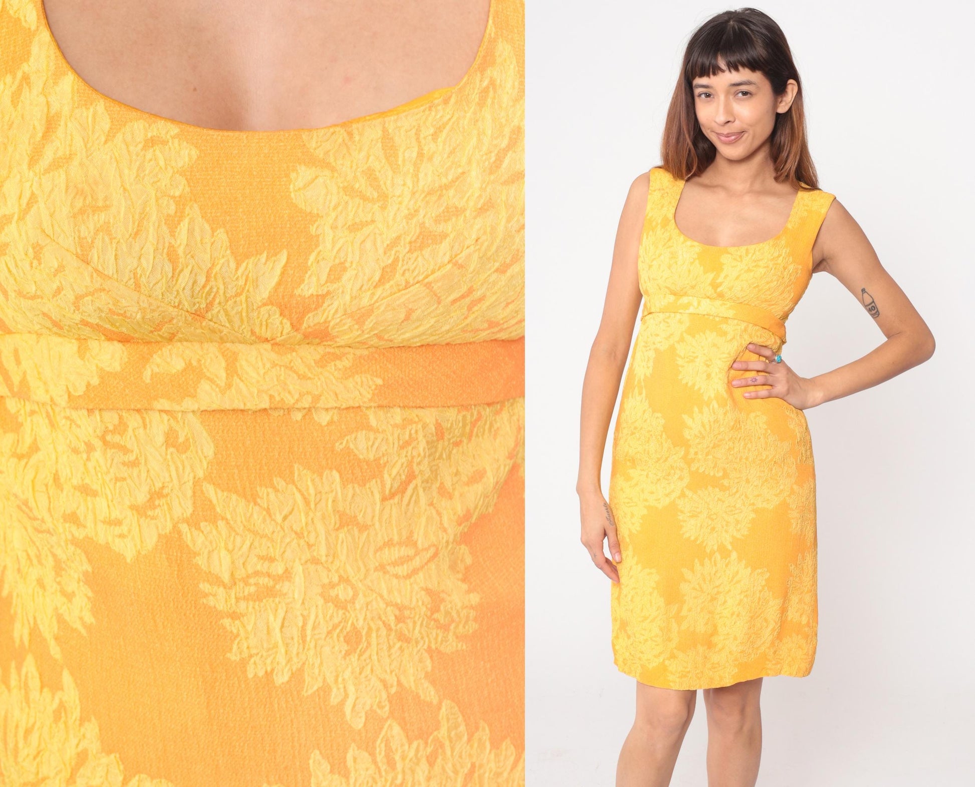 60s Golden Yellow Jacquard Cocktail Dress Sleeveless Scoop Neck Knee Length Extra Small XS