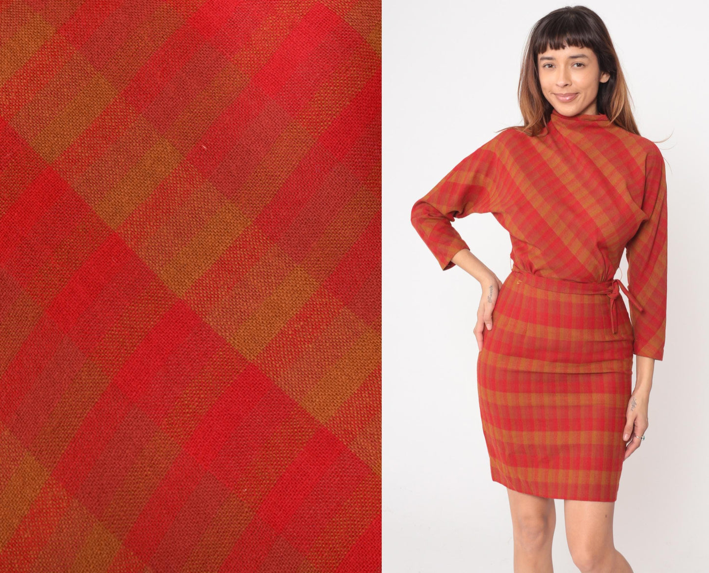 60s Mr Mort Plaid Wool Dress Red Orange Buffalo Check Mock Neck Tie Waist Extra Small