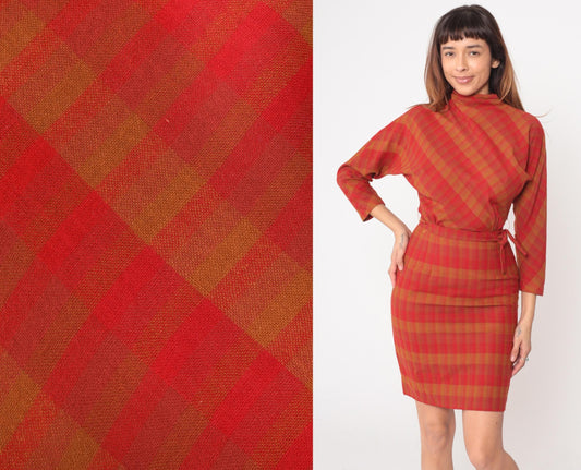 60s Mr Mort Plaid Wool Dress Red Orange Buffalo Check Mock Neck Tie Waist Extra Small