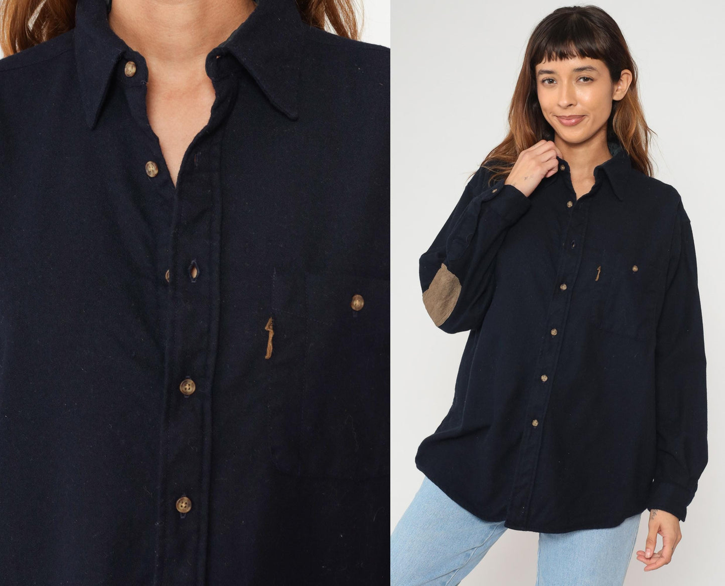 Y2K Pendleton Wool Shirt Navy Blue Suede Elbow Patches Collared Large L