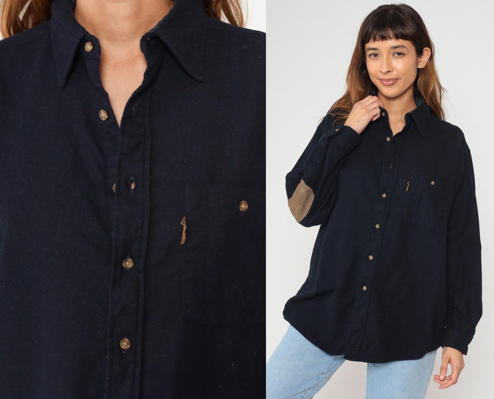 Y2K Pendleton Wool Shirt Navy Blue Suede Elbow Patches Collared Large L