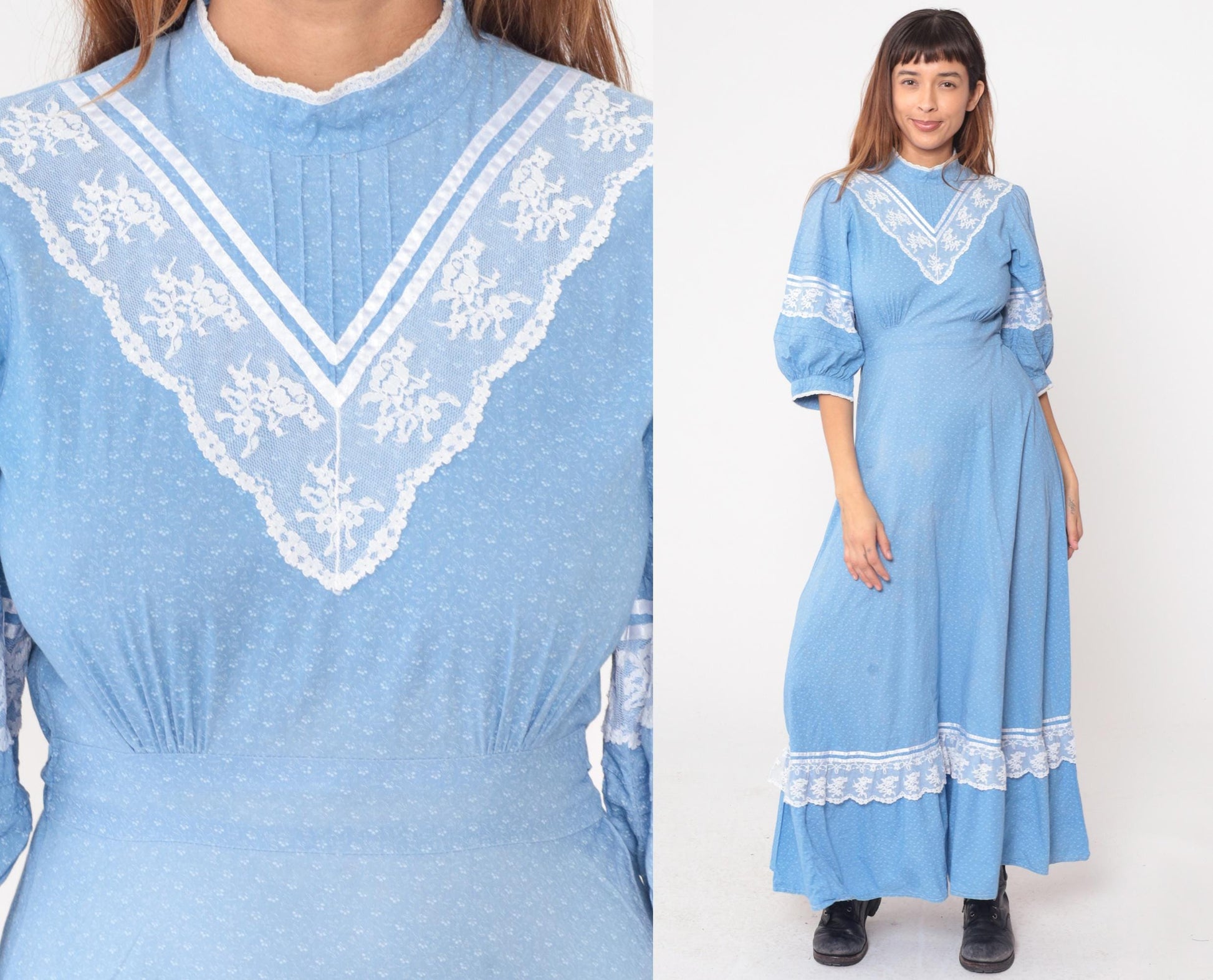 70s Light Blue Prairie Maxi Dress White Lace Trim Puff Sleeves Small
