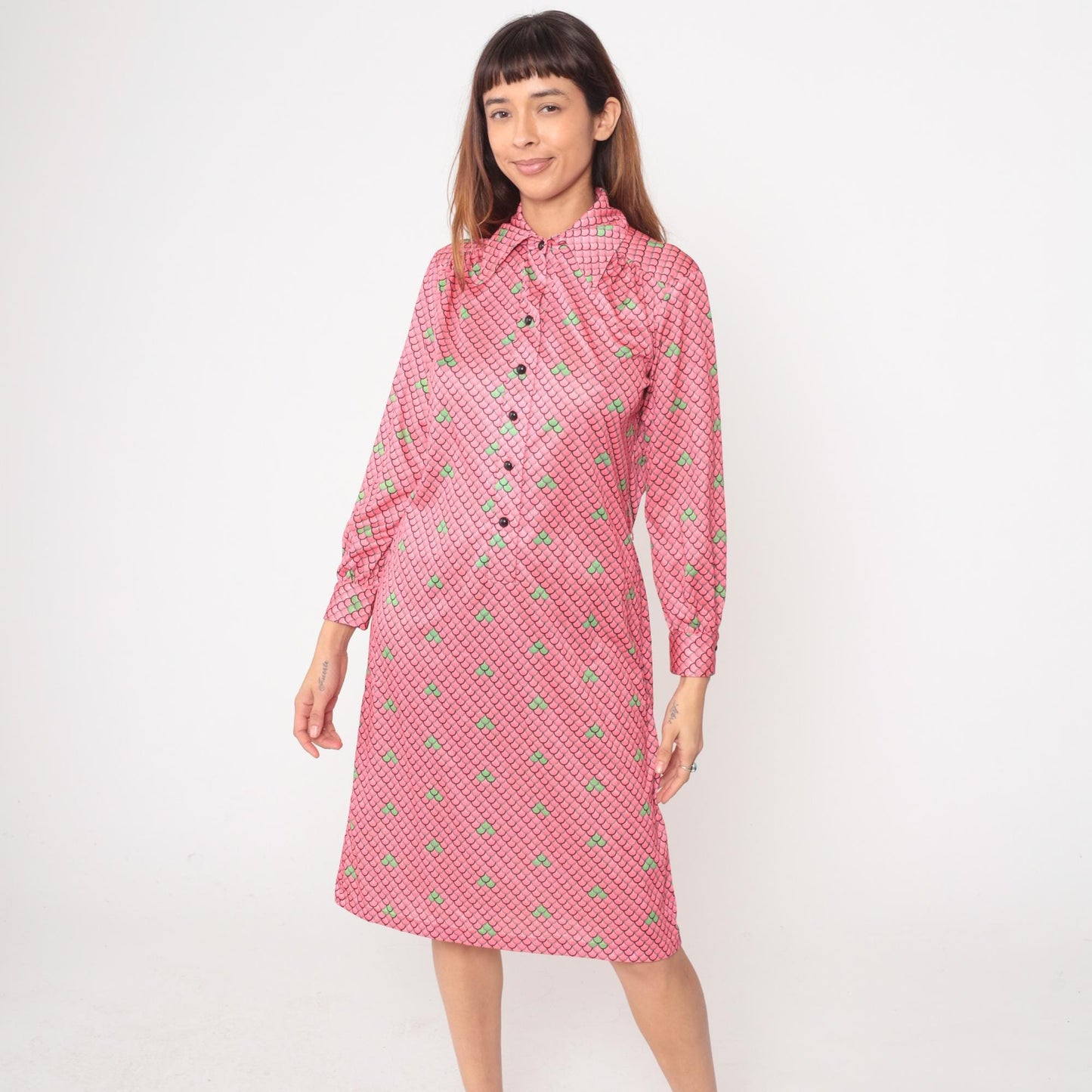 70s Lee Morton Chicago Pink Scale Print Shirt Dress Knee Length Large L