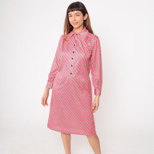 70s Lee Morton Chicago Pink Scale Print Shirt Dress Knee Length Large L