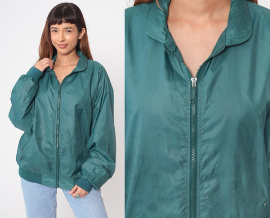 90s Izod Club Teal Windbreaker Jacket Nylon Zip Ribbed Collar Large L