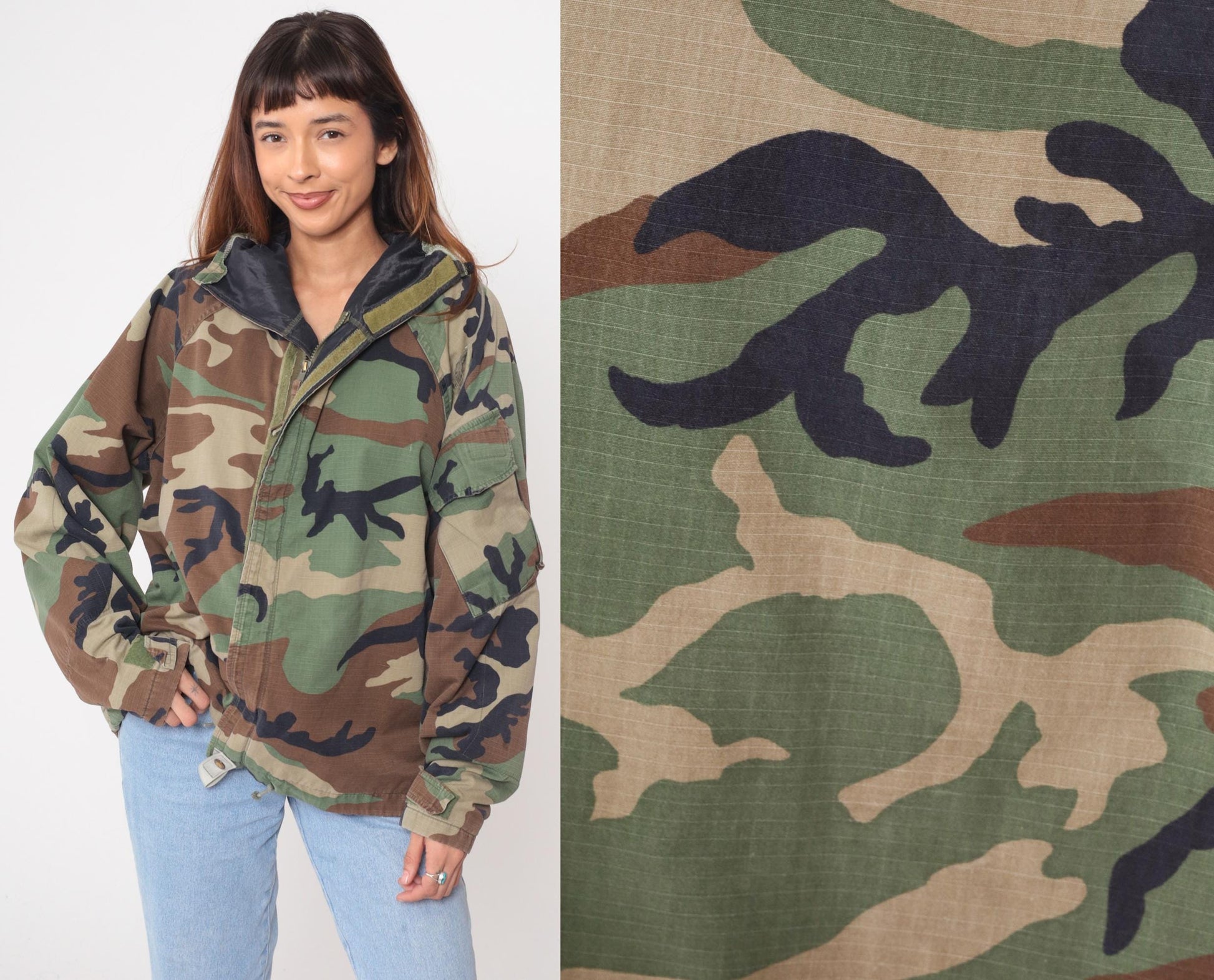 90s Woodland Camo Military Jacket Zip Hood Army Green Medium