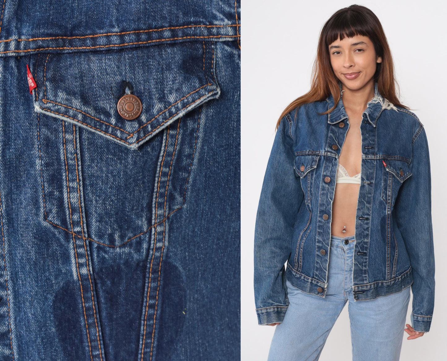 70s Levi's Denim Jacket Medium Blue Washed Distressed Trucker