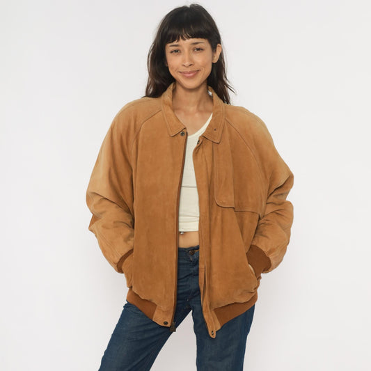 90s Marlboro Leather Bomber Jacket Tan Raglan Zip Front Map Lining Extra Large