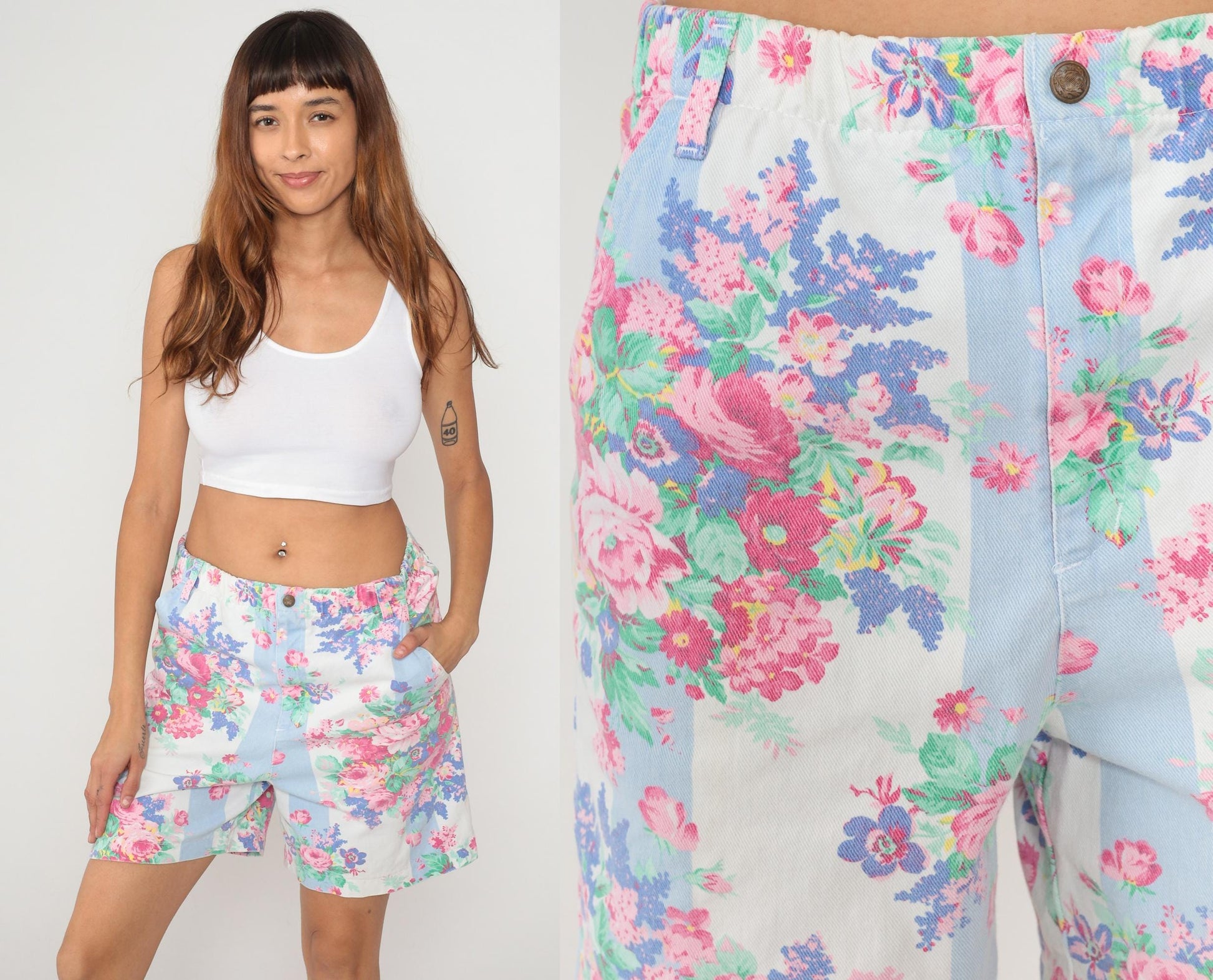 90s Vivaldi Floral Shorts High Waisted Pink Blue Cotton Pockets Medium