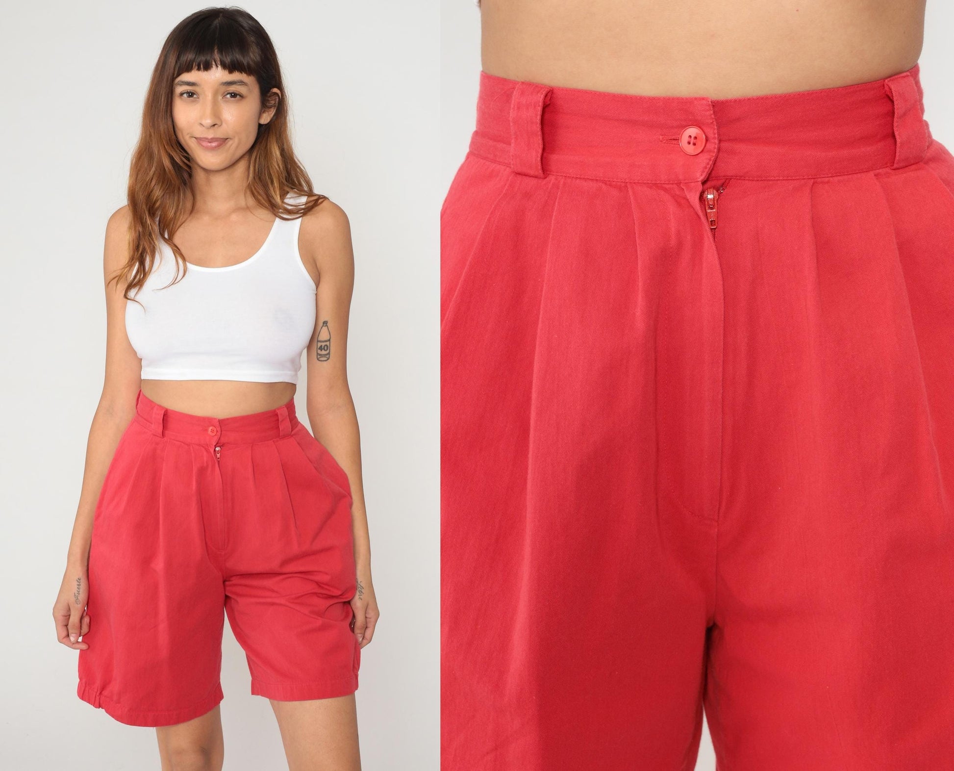90s Bianca Nyqara Coral Red High-Waisted Pleated Shorts Small S