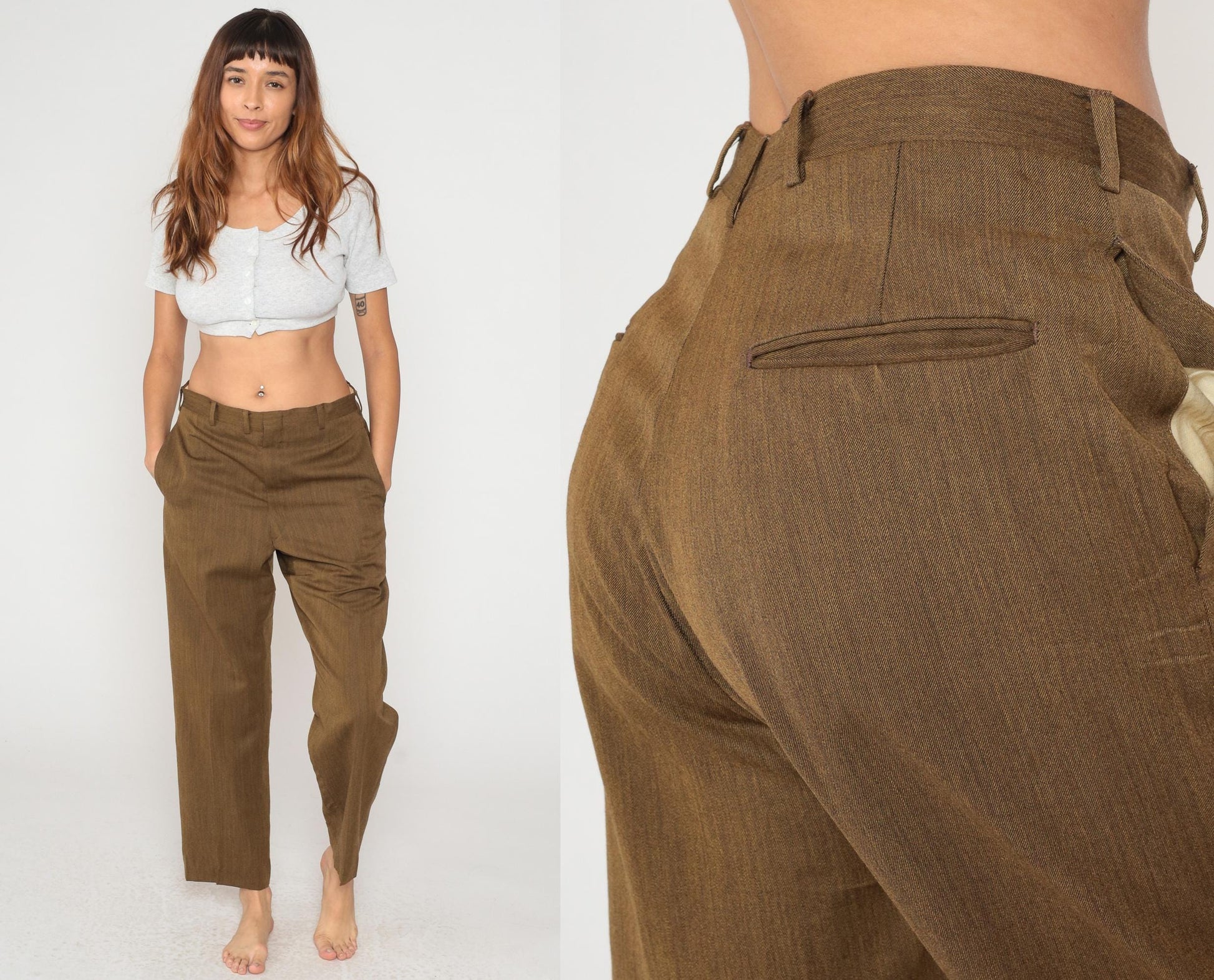 60s Brown High-Waist Straight-Leg Trousers Flat Front Tailored Medium