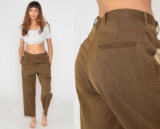 60s Brown High-Waist Straight-Leg Trousers Flat Front Tailored Medium