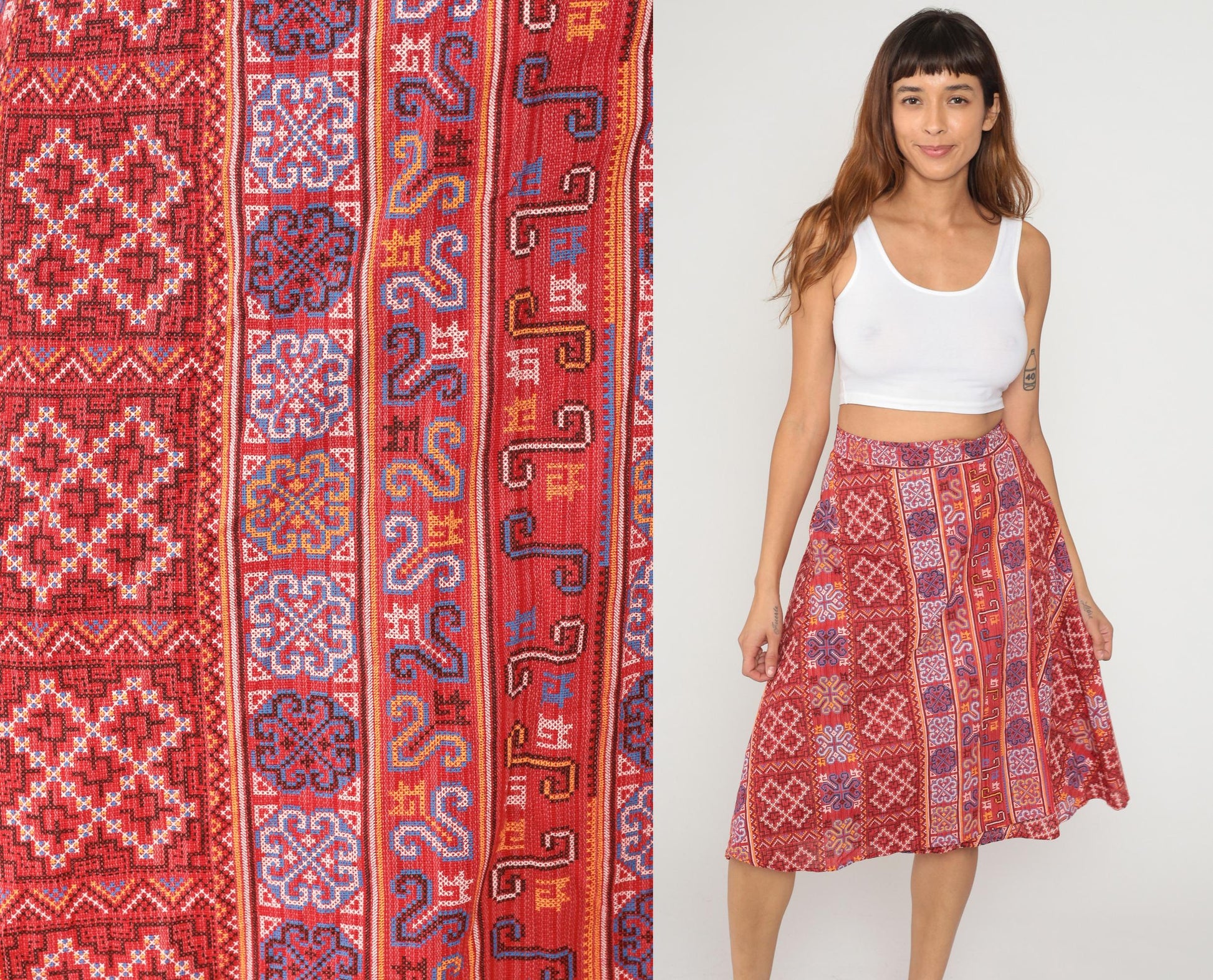 70s Paisley Wrap Skirt Coral Red Ethnic Geometric Print Knee Length Medium
