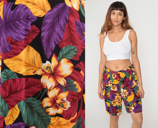 90s Sag Harbor Tropical Hibiscus Shorts High Waisted Wide Leg Purple Yellow Large