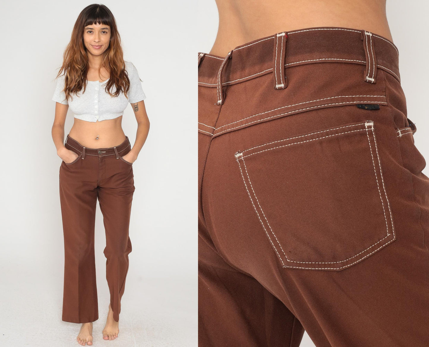 70s Farah Brown Flare Pants White Contrast Stitching Low Rise Medium