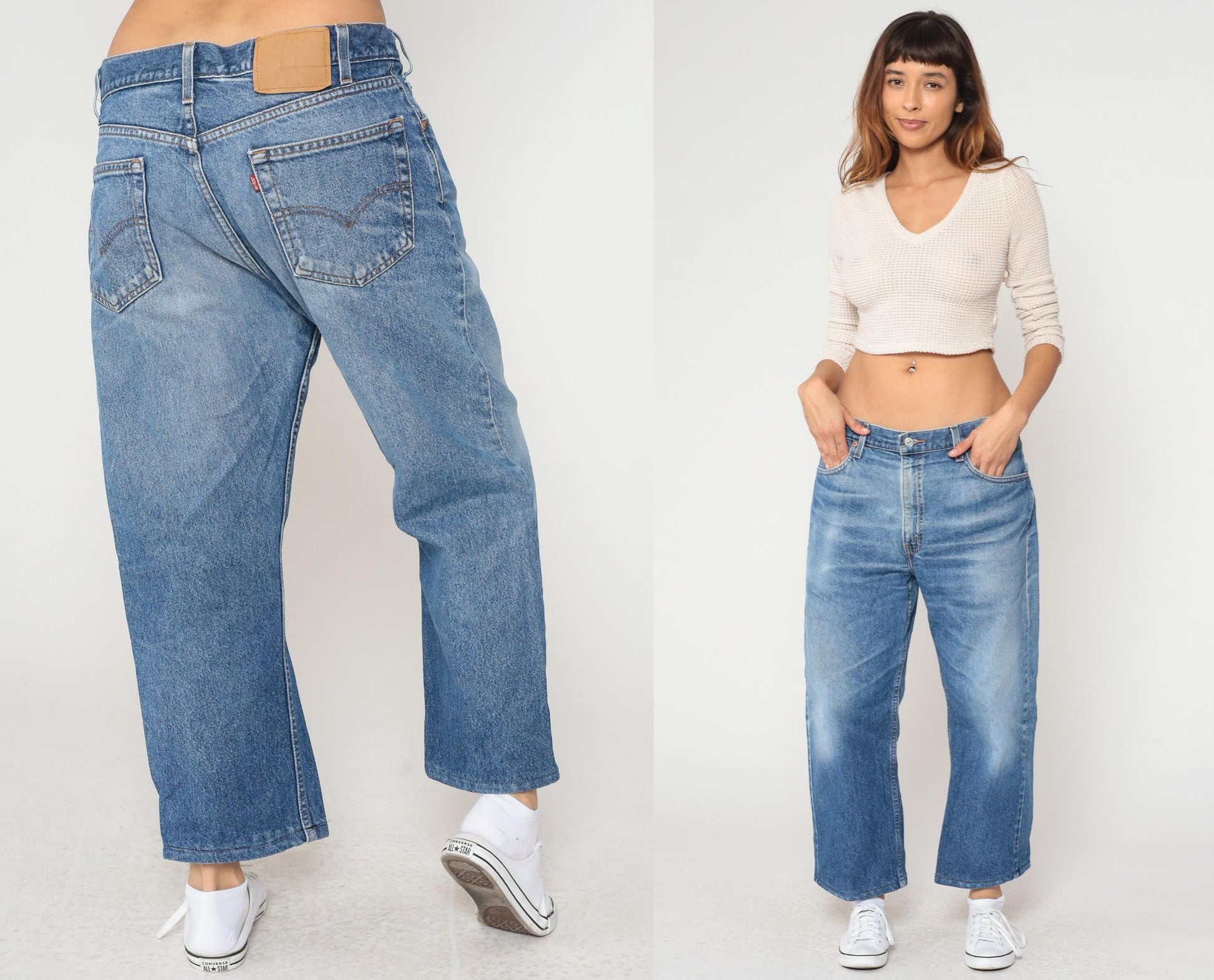90s Levi's Wide Leg Cropped Jeans High Waisted Stone Wash Blue Denim Medium