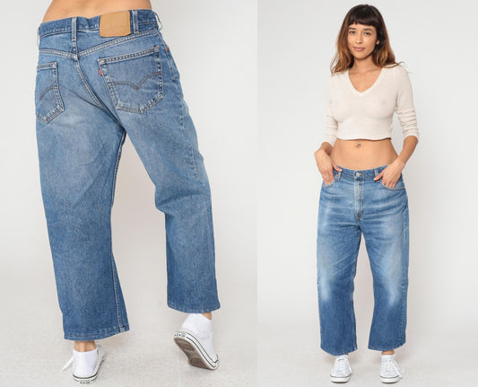 90s Levi's Wide Leg Cropped Jeans High Waisted Stone Wash Blue Denim Medium