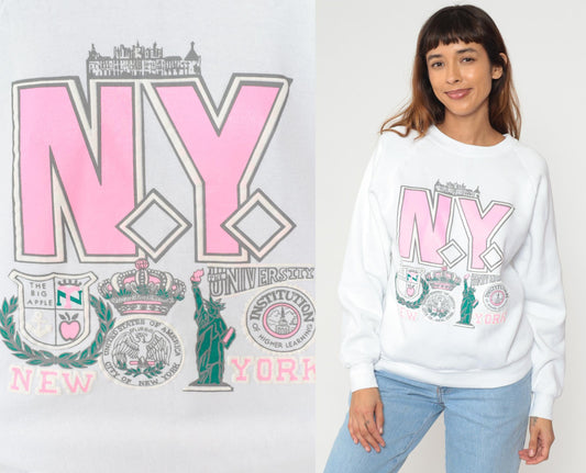 90s New York Sweatshirt Statue of Liberty Graphic White Pink Cotton Large L