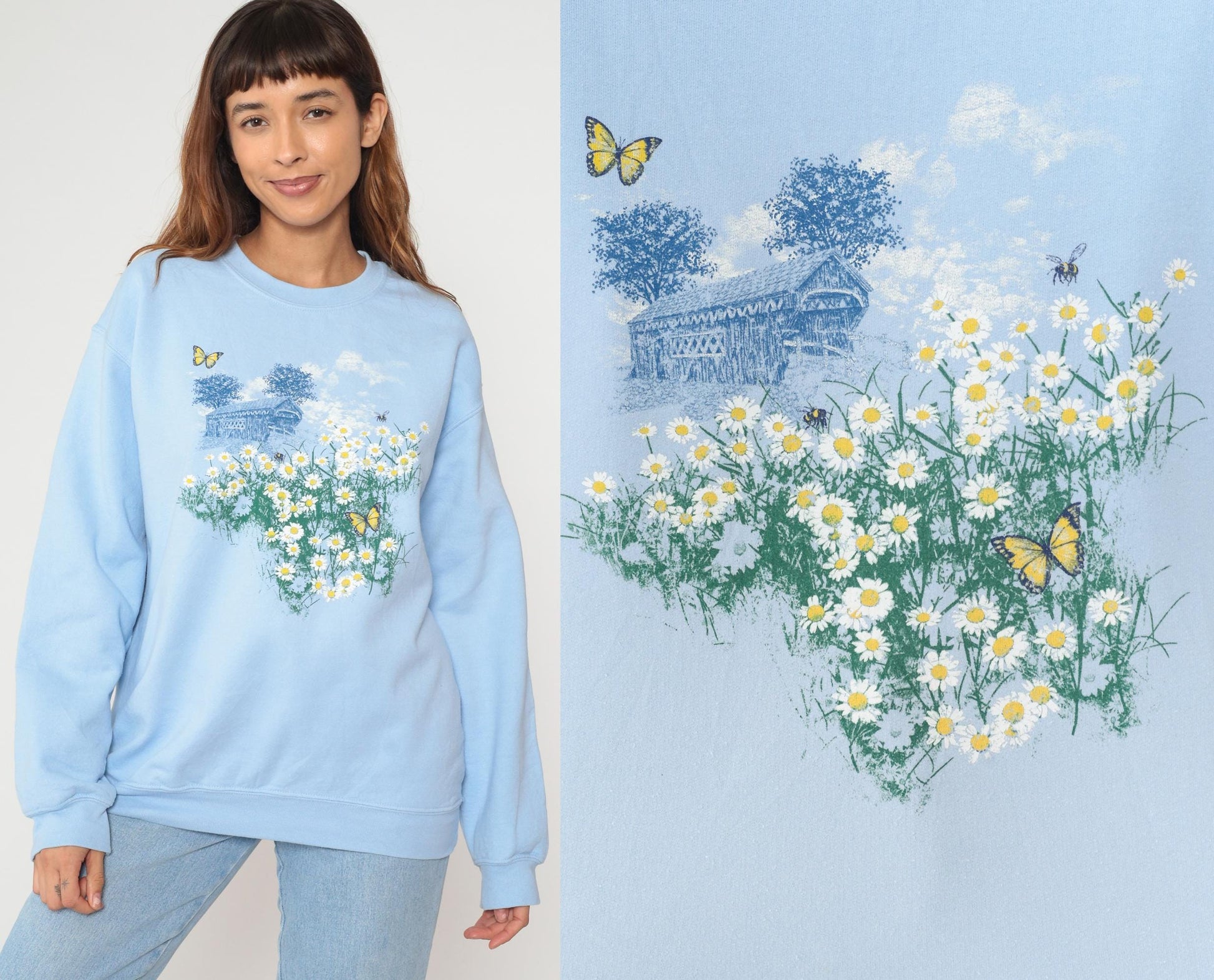 90s Light Blue Floral Sweatshirt Daisy Butterfly Covered Bridge Medium M