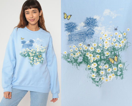 90s Light Blue Floral Sweatshirt Daisy Butterfly Covered Bridge Medium M
