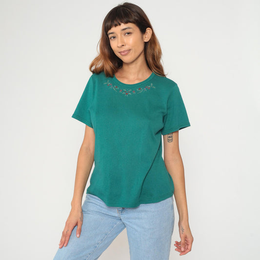 90s Teal Embroidered Floral T-Shirt Cotton Crew Neck Short Sleeve Large L