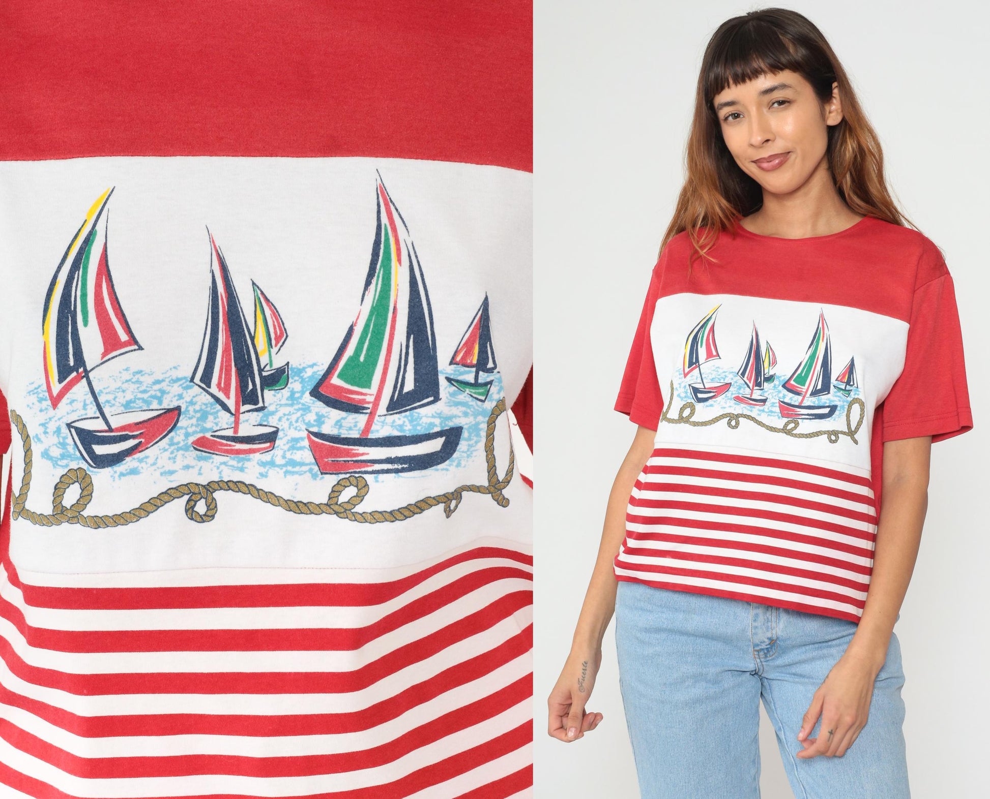 90s Sailboat Nautical Red White Striped Cotton Graphic Tee Large L