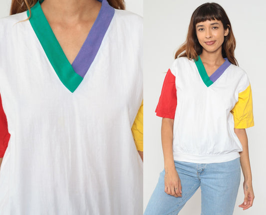 90s Colorblock Cotton V-Neck Shirt Yellow Red Purple Teal Medium M