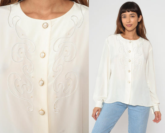 90s Worthington Cream Embroidered Blouse Long Sleeve Button Front Large L