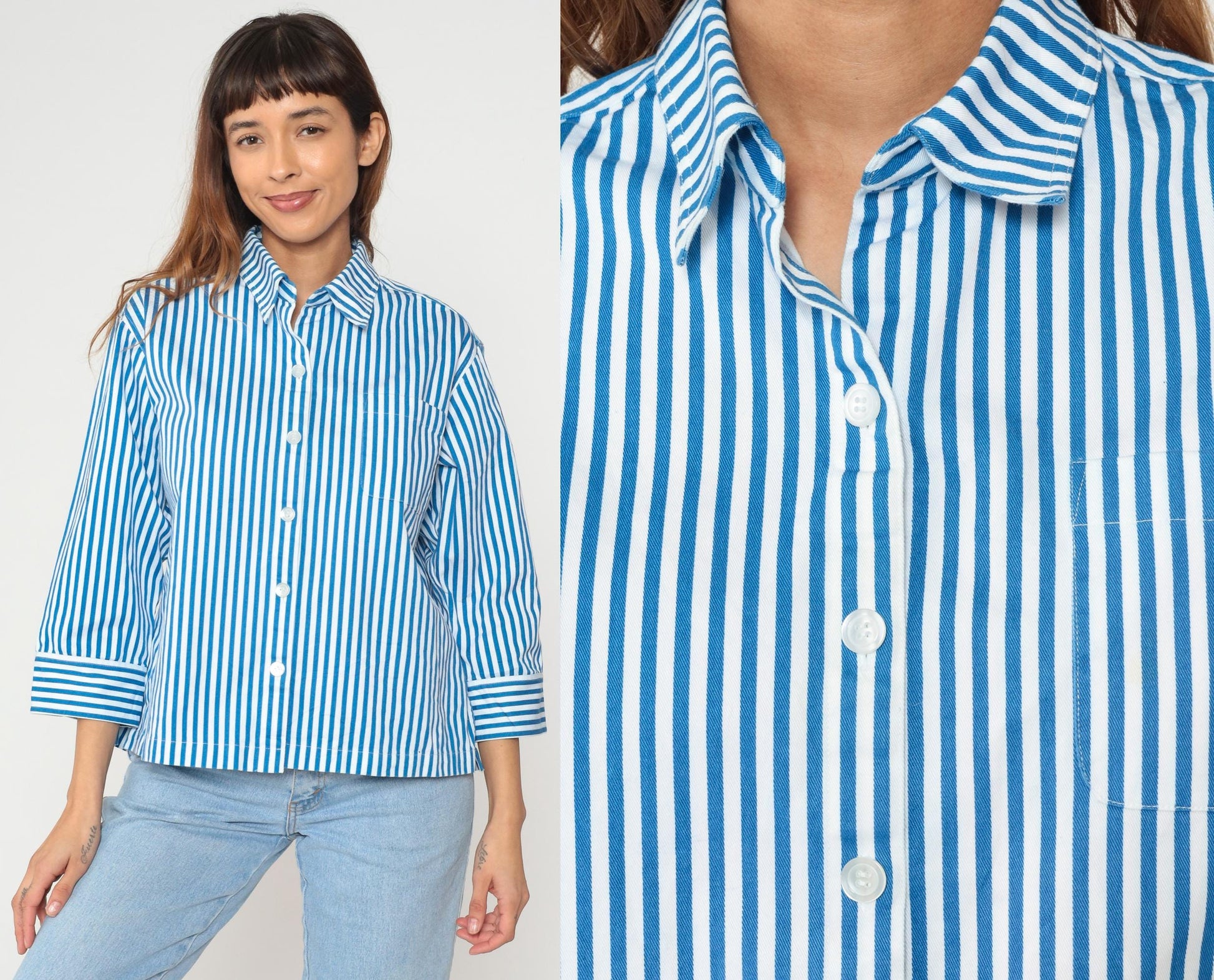 Y2K Norm Thompson Blue White Striped Cotton Blouse Cropped Large L