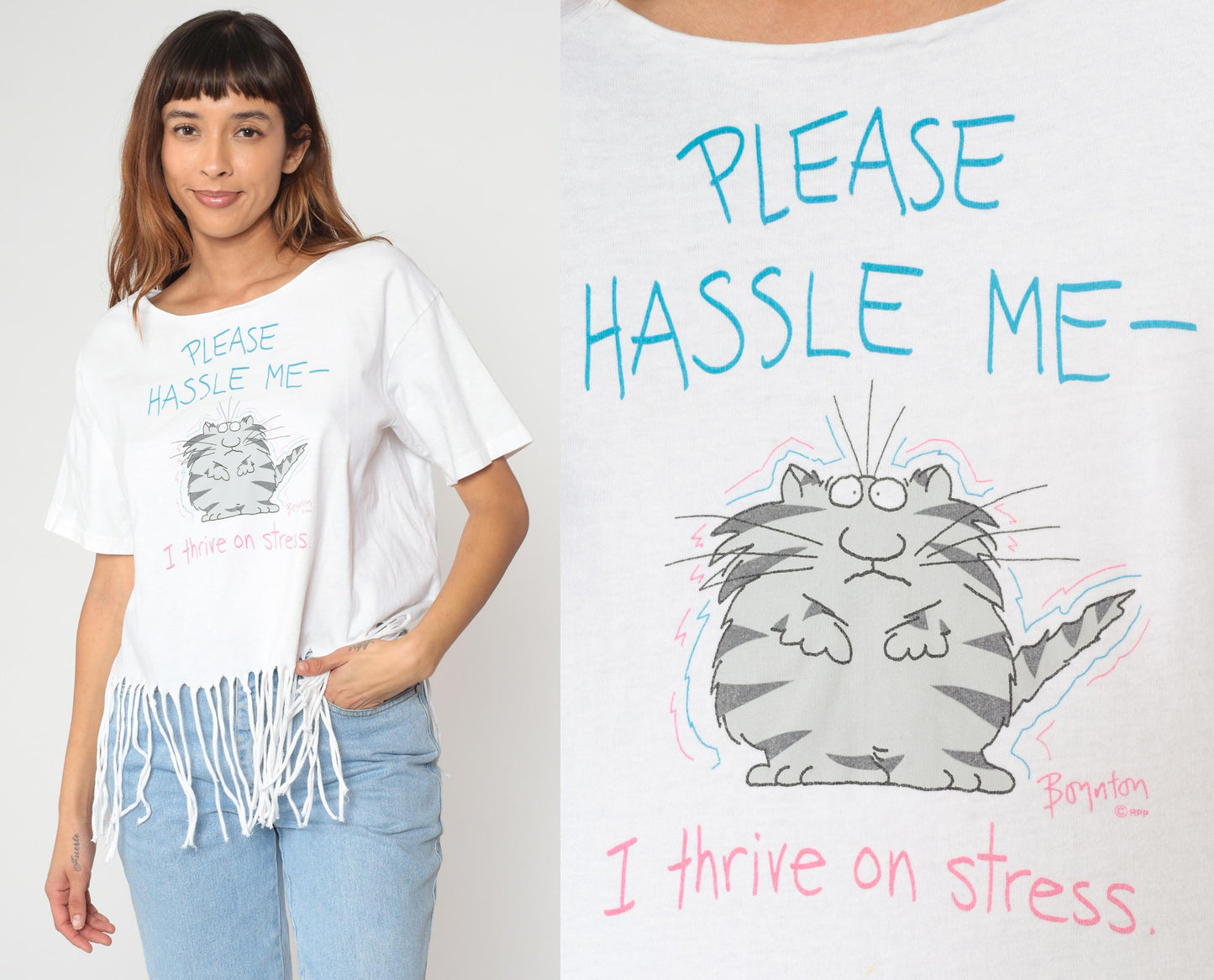 90s Cat Graphic T-Shirt White Fringe Hem Stress Slogan Tee Small