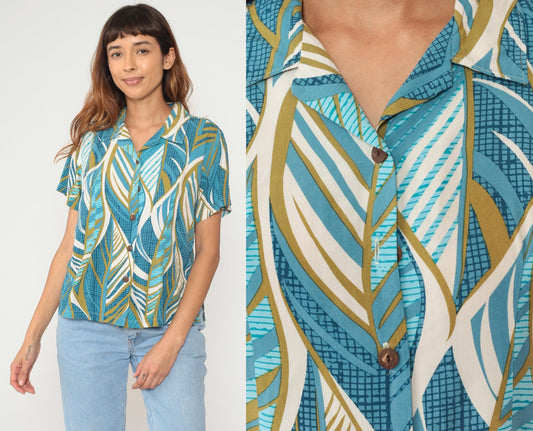 Y2K Hawaiian Shirt Aloha Hut Turquoise Palm Leaf Print Medium M