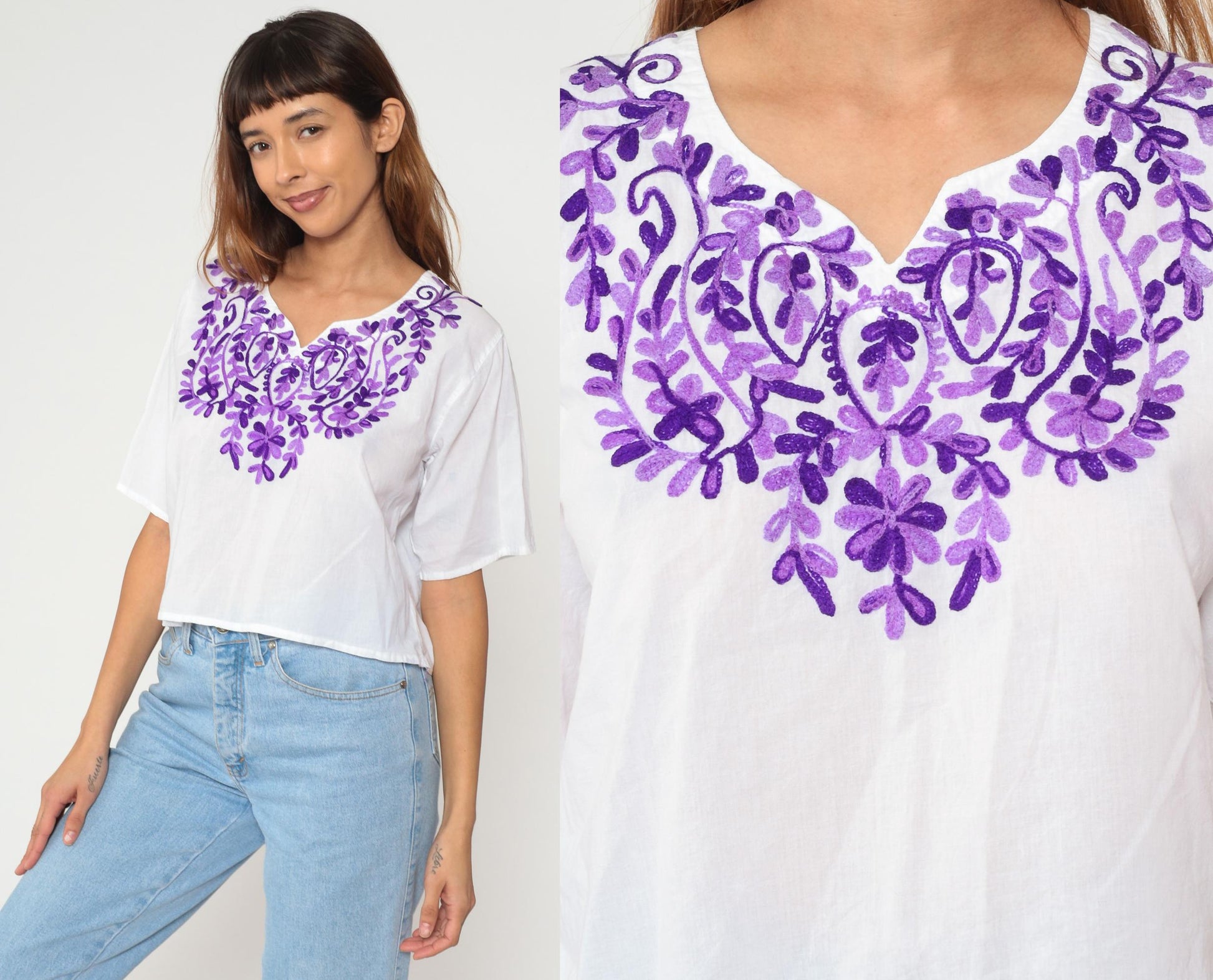Y2K Mexican Embroidered Cotton Crop Top White Purple Floral Medium M