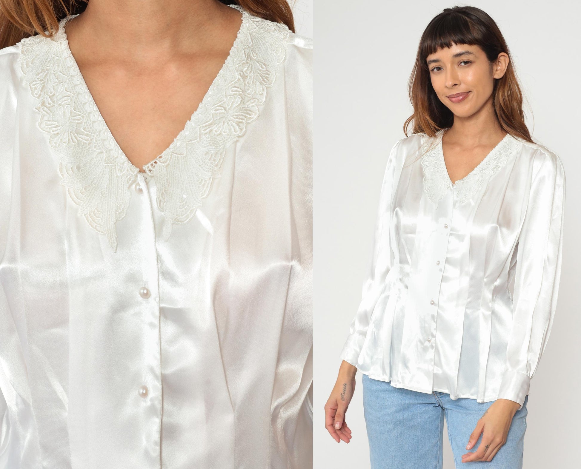 90s White Satin Blouse Lace Collar Puff Shoulders Pearl Buttons Small