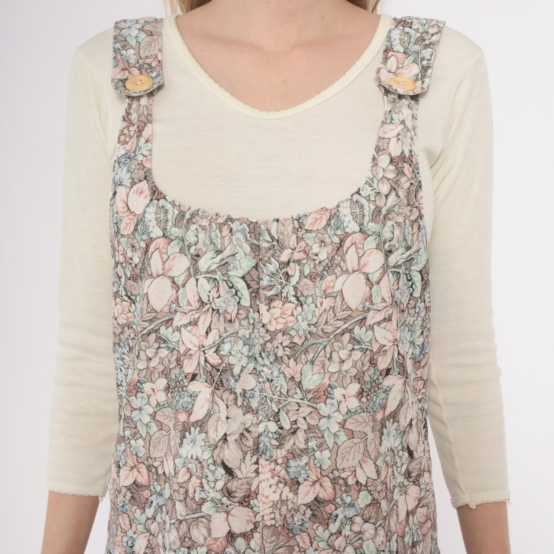 70s Floral Romper Pink Green Cream Scoop Neck Playsuit Small S