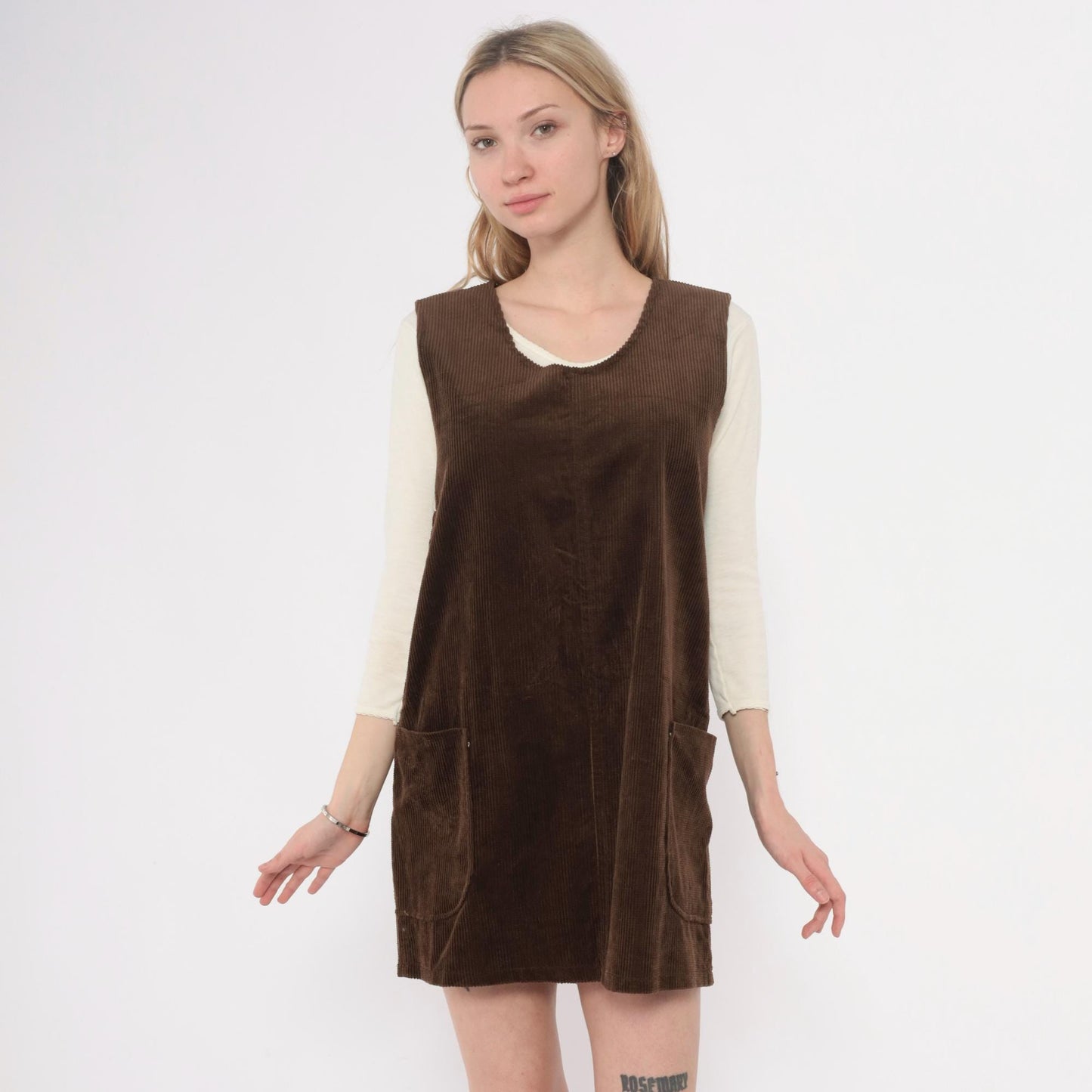 90s Brown Corduroy Jumper Dress Sleeveless V-Neck Shift Pinafore Small