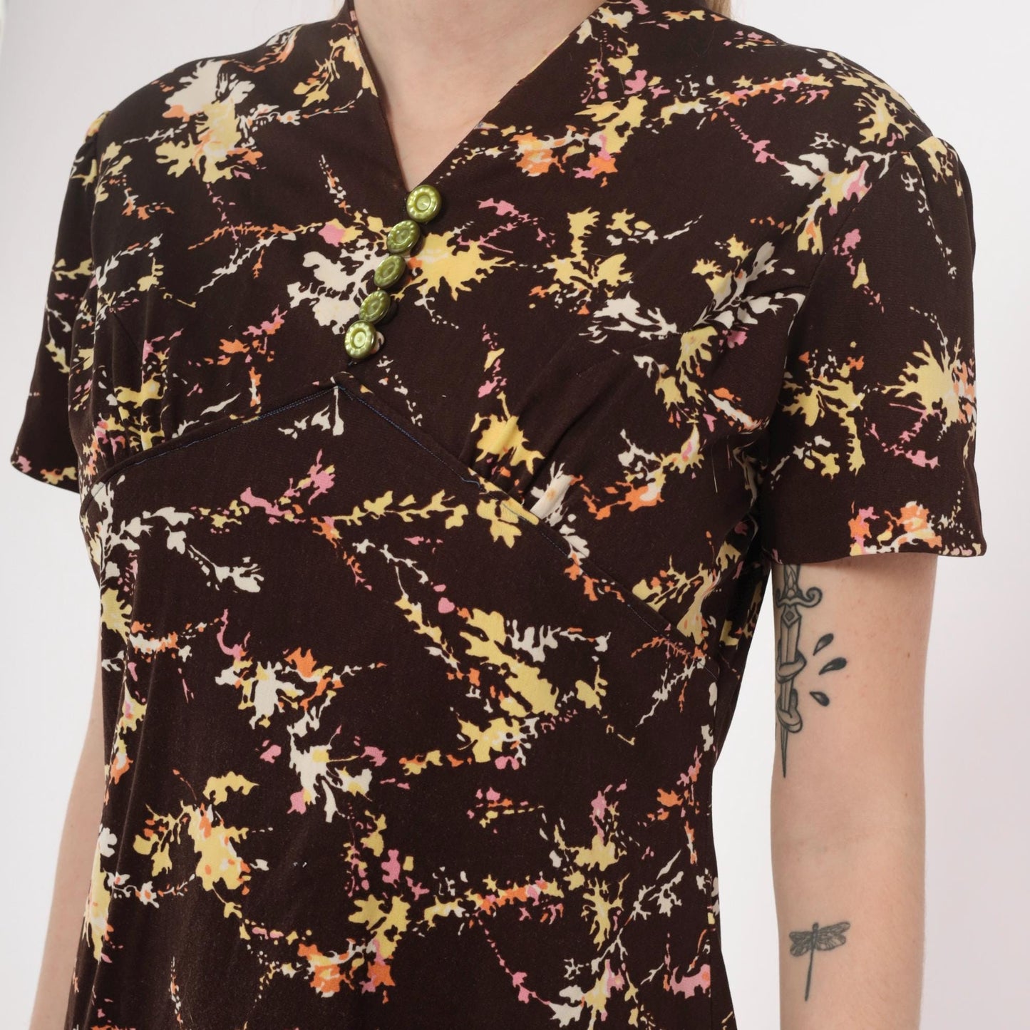 70s Brown Floral Mini Dress Collared Button Front A-Line Short Sleeve Medium M