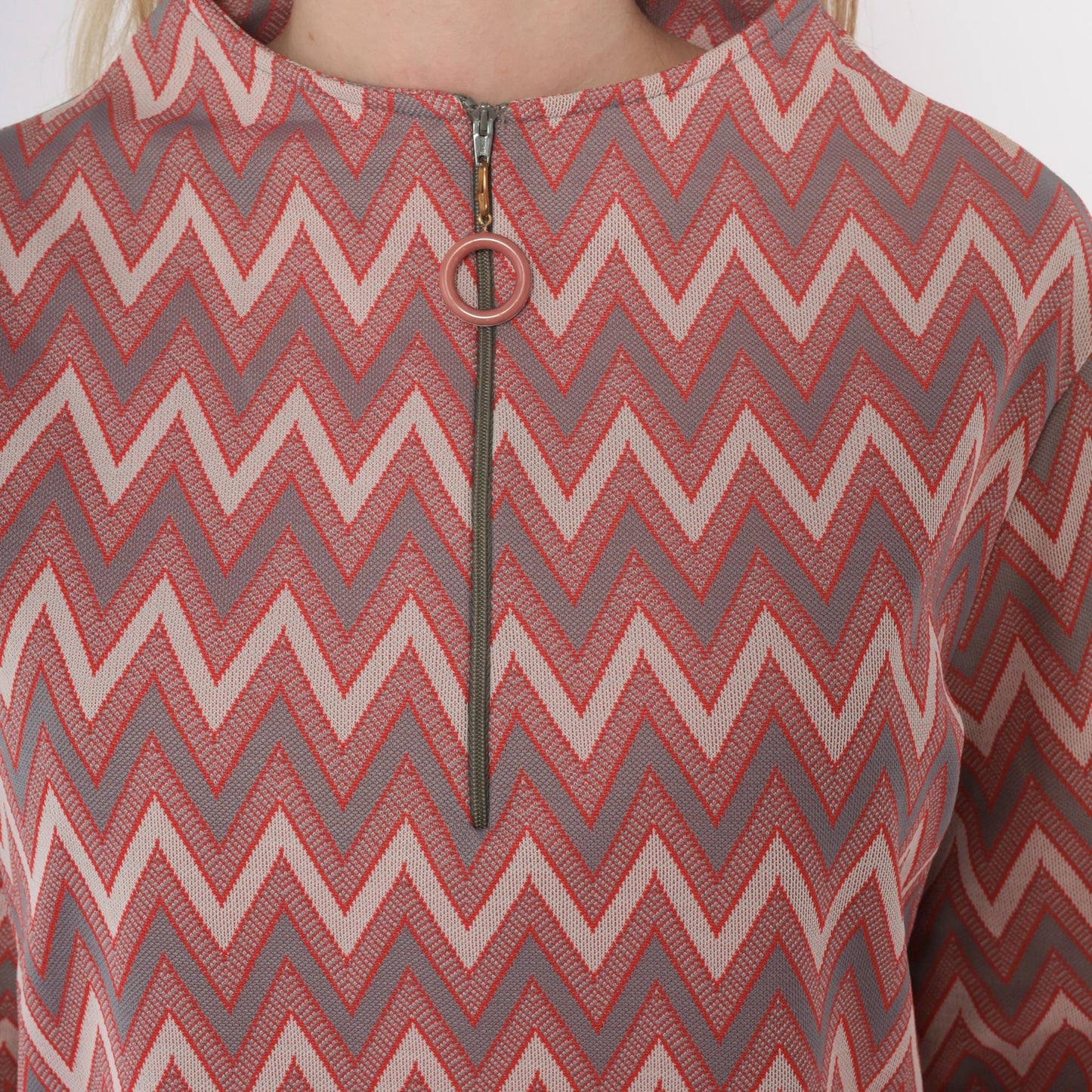 60s Chevron Print Mini Dress Mock Neck Shift Tunic Pink Grey Small S