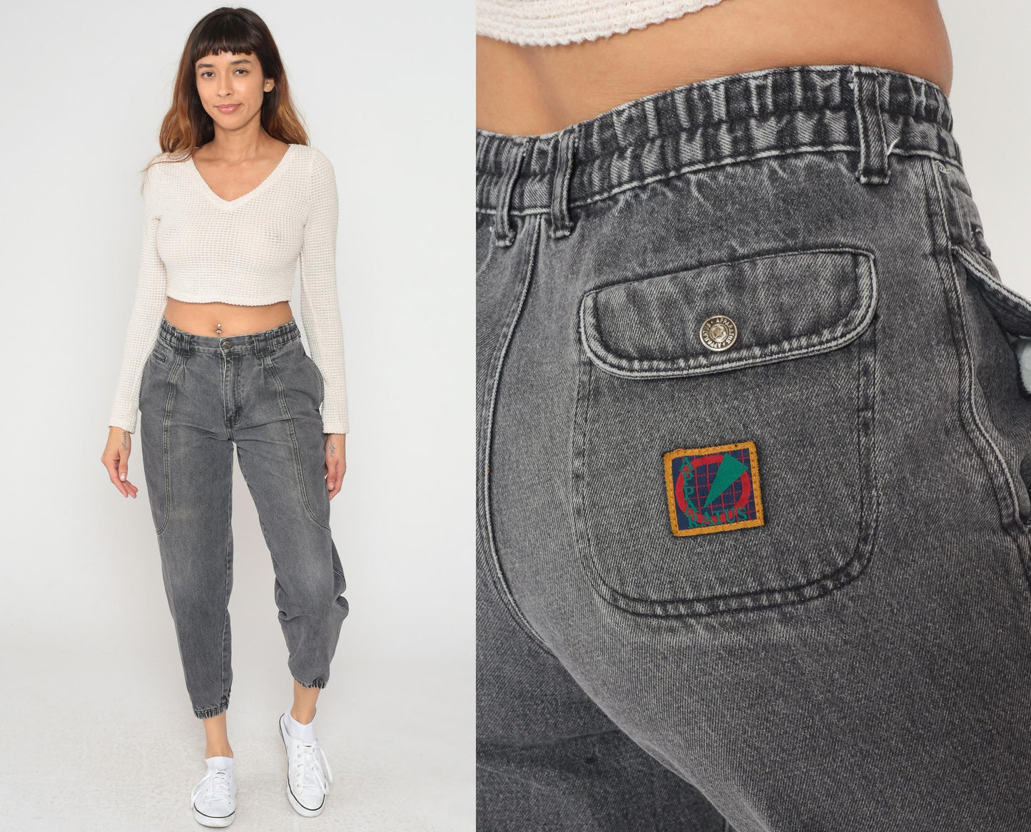 80s Apparatus Denim Joggers Gray Acid-Washed High-Waisted Tapered Ankle Cuff Medium